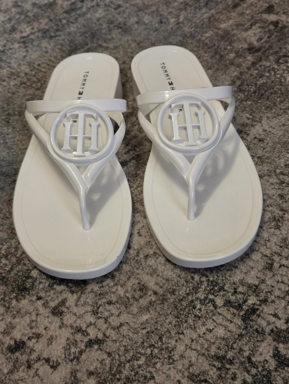 Tommy Hilfiger White Logo Thong Sandals Size 8